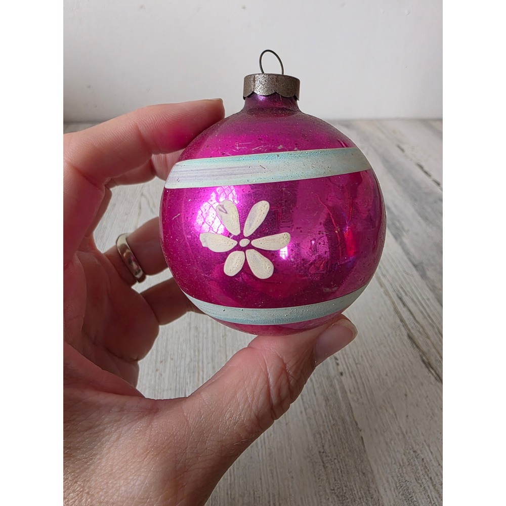 Vintage heim? Corning? Floral flower striped pink ornament glass Xmas tree